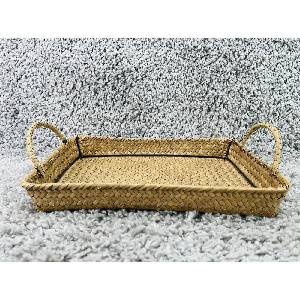 Rectangular Tray w/Handles Metal Frame Inside Weaved Basket Brown Home Decor